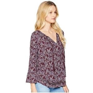 Lucky Brand Size XS V Neck Boho Blouse Bell Sleeve‎ Paisley Tassel Tie Burgundy